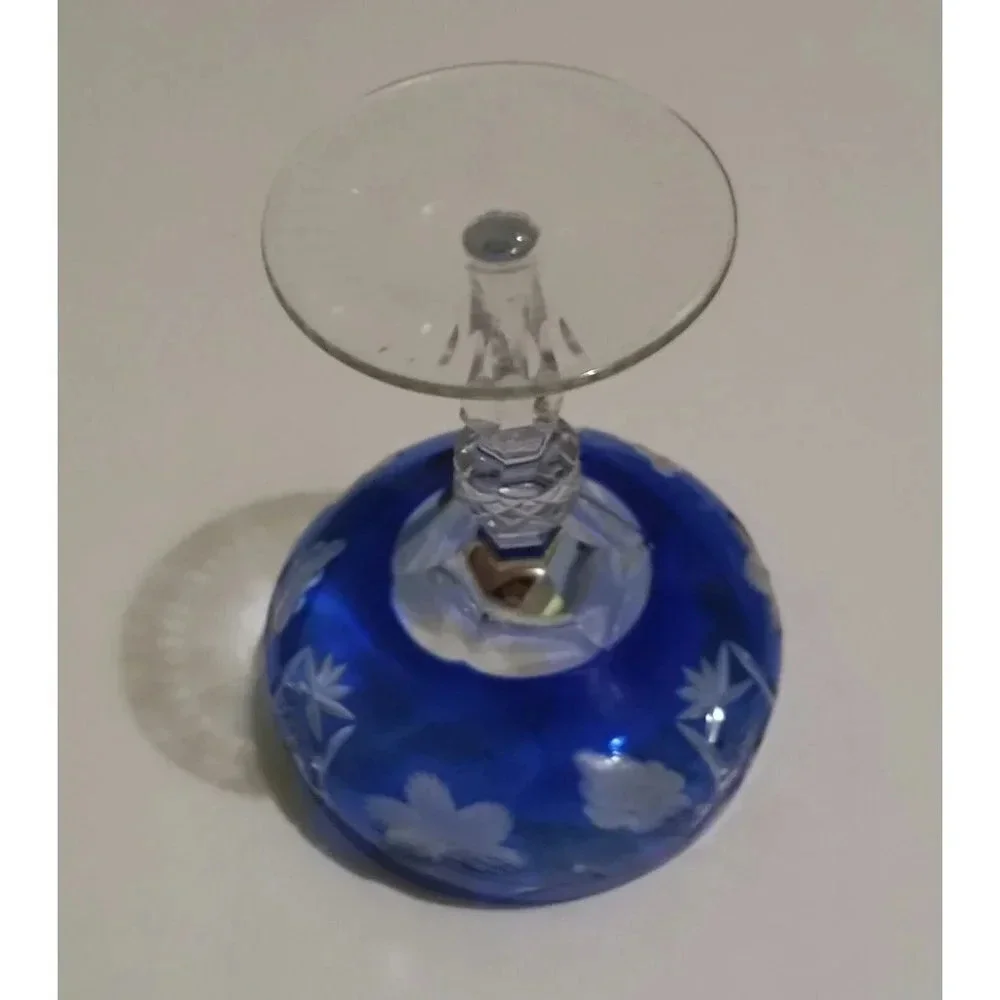 Cobalt Blue Etched Cut to CLEAR Crystal Champagne Glass Poland witg Orig Sticker